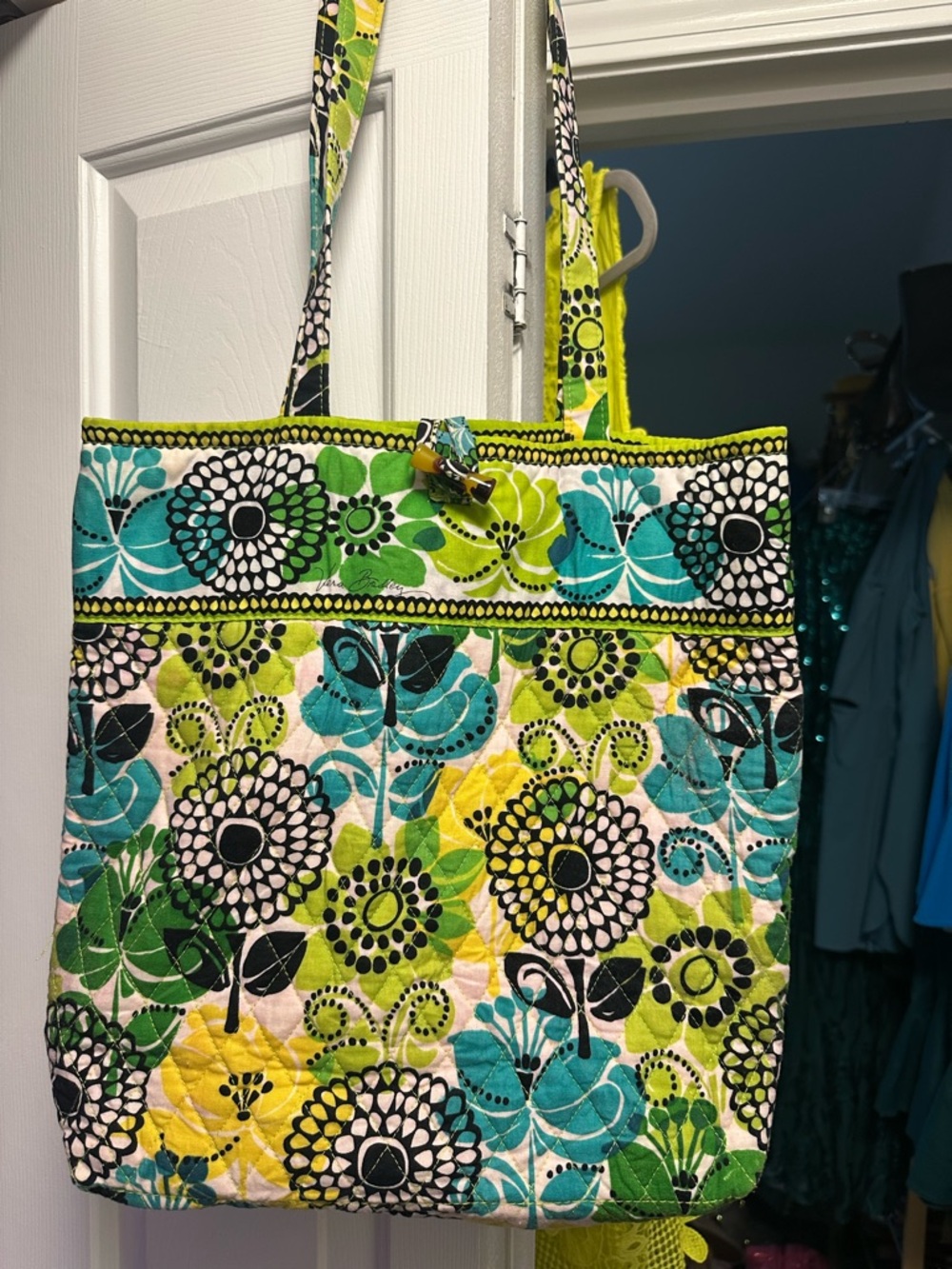 Vera Bradley Quilted Floral Tote in Turquoise, Lime, Black & Cream